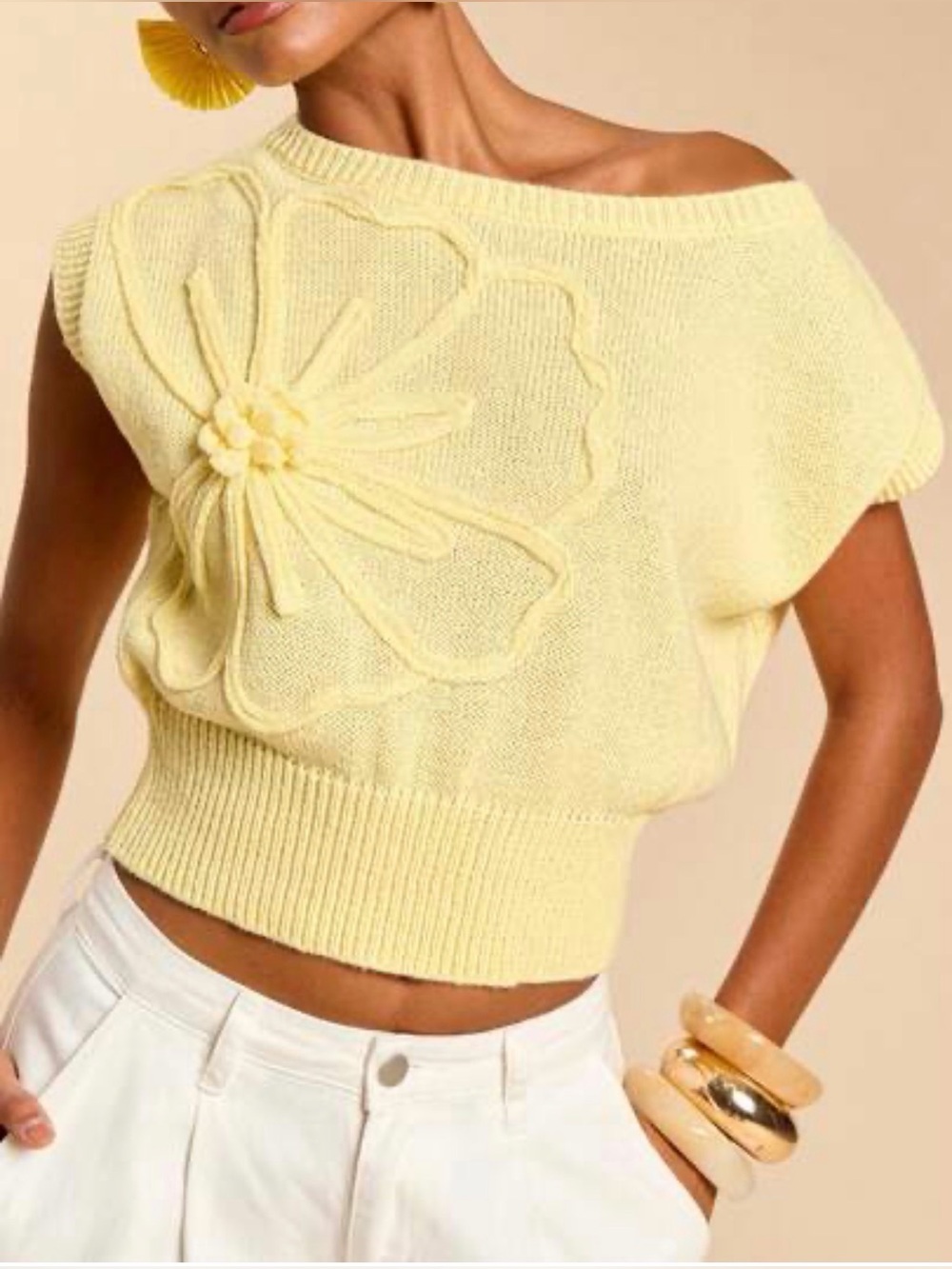 Women's Pale Yellow Knit Flower Sweater